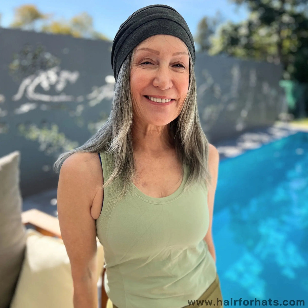 Human Hair Halo Hat Wig Light Brown Mid-Length Back