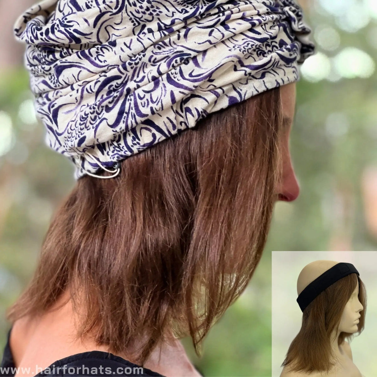 Human Hair Halo Hat Wig Dark Brown Mid-Length Back