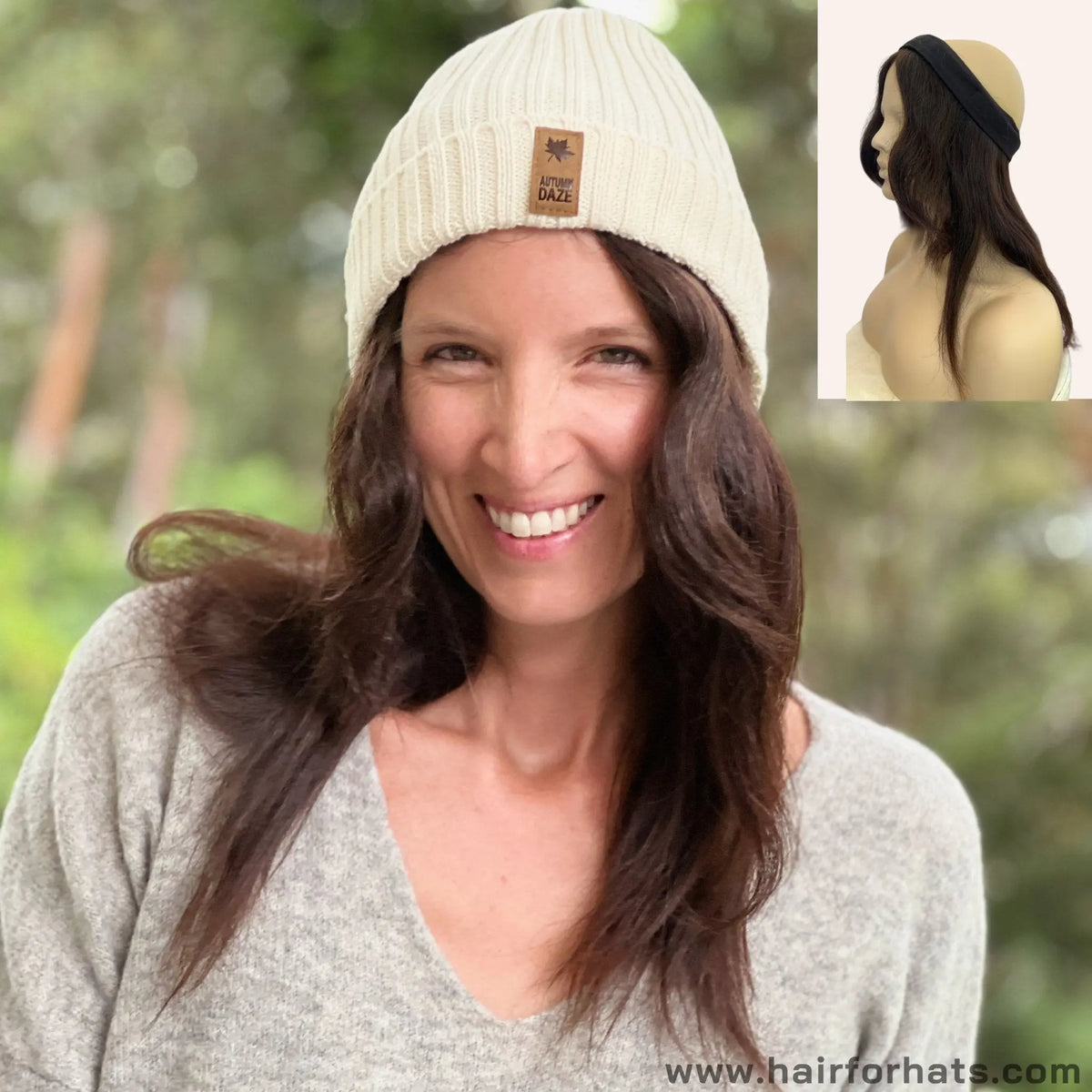 Human Hair Halo Hat Wig Dark Brown Mid-Length Back