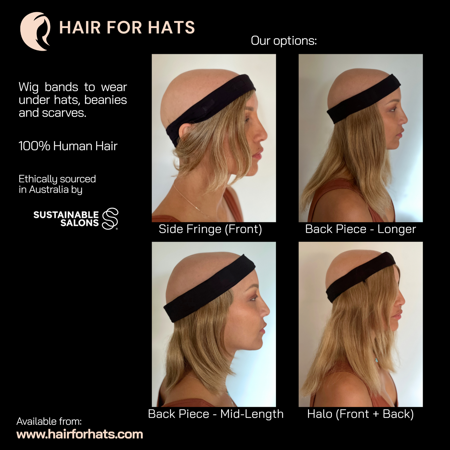 Human Hair Halo Hat Wig - Front + Back Piece