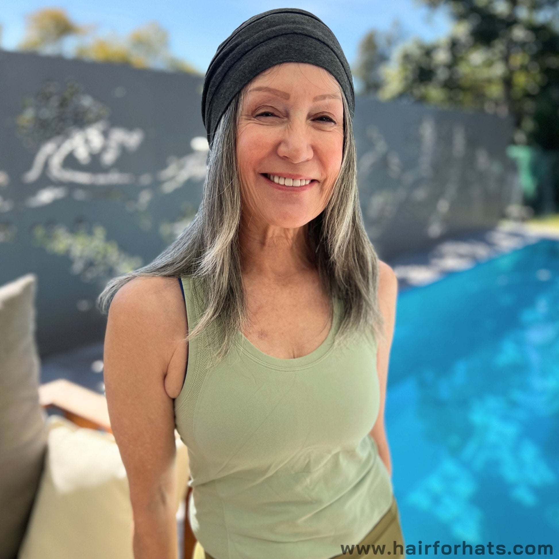 Human Hair Halo Hat Wig Light Brown Mid-Length Back