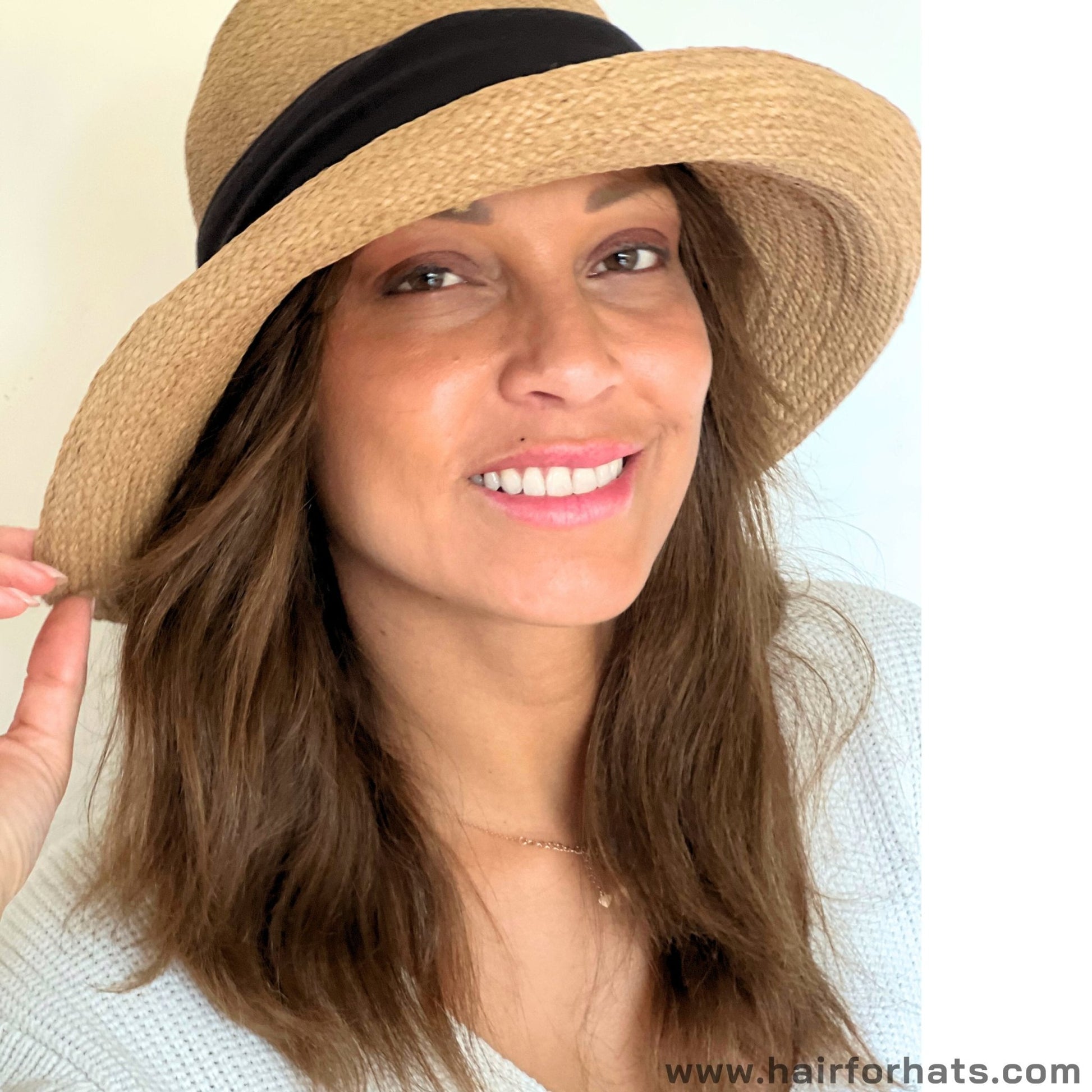 Human Hair Halo Hat Wig Medium Brown Longer Back