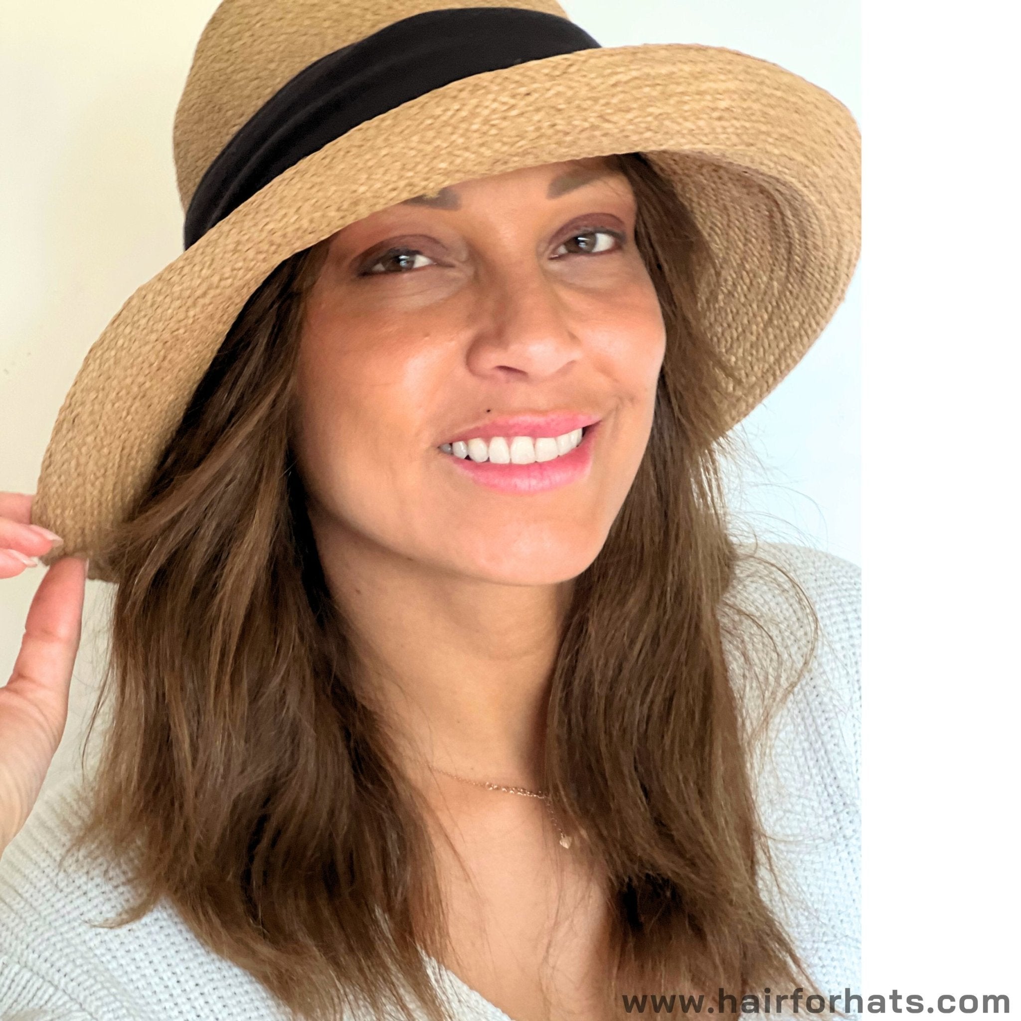 Human Hair Halo Hat Wig Medium Brown Longer Back