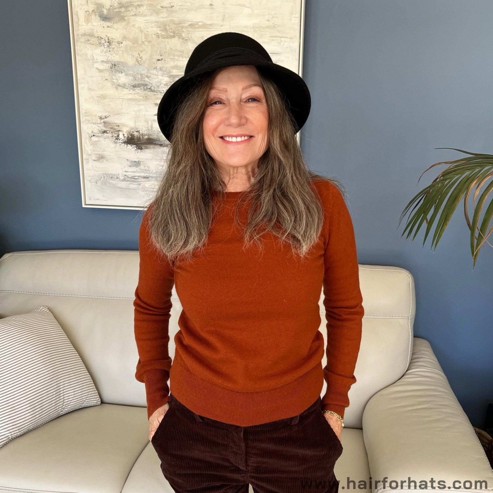 Human Hair Halo Hat Wig Ash Highlights Mid-Length Back