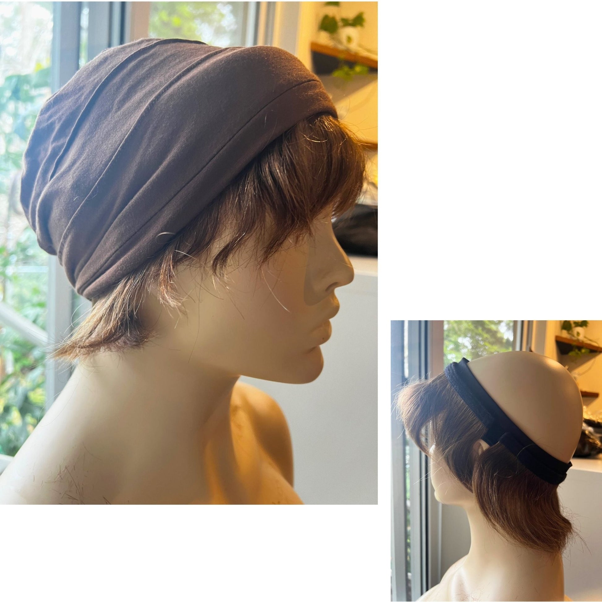 Human Hair Short Halo Hat Wig - Light Brown