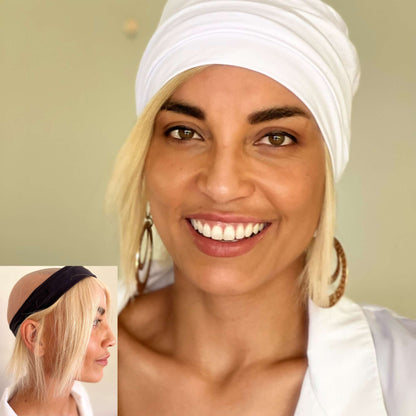 Human Hair Hat Wig - Side Fringe Face Framer - Range of Colours - Chemo Hat With Hair