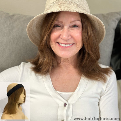 Human Hair Halo Hat Wig Light Brown Mid-Length Back