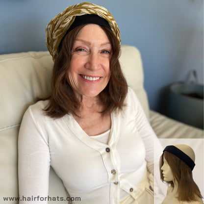 Human Hair Halo Hat Wig Medium Brown Mid-Length Back